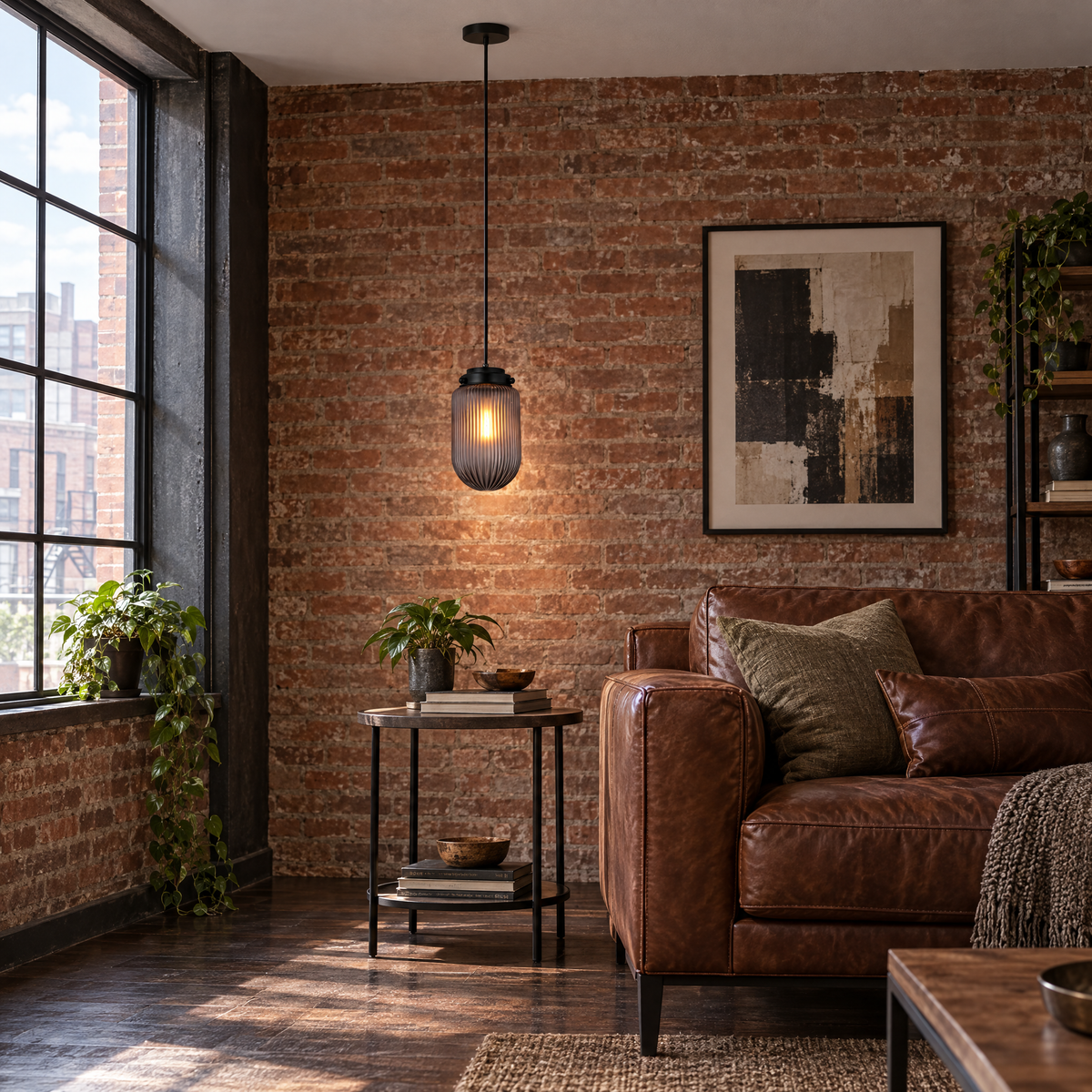 Pinecone Ribbed Glass Pendant Light, Smoke in a living room