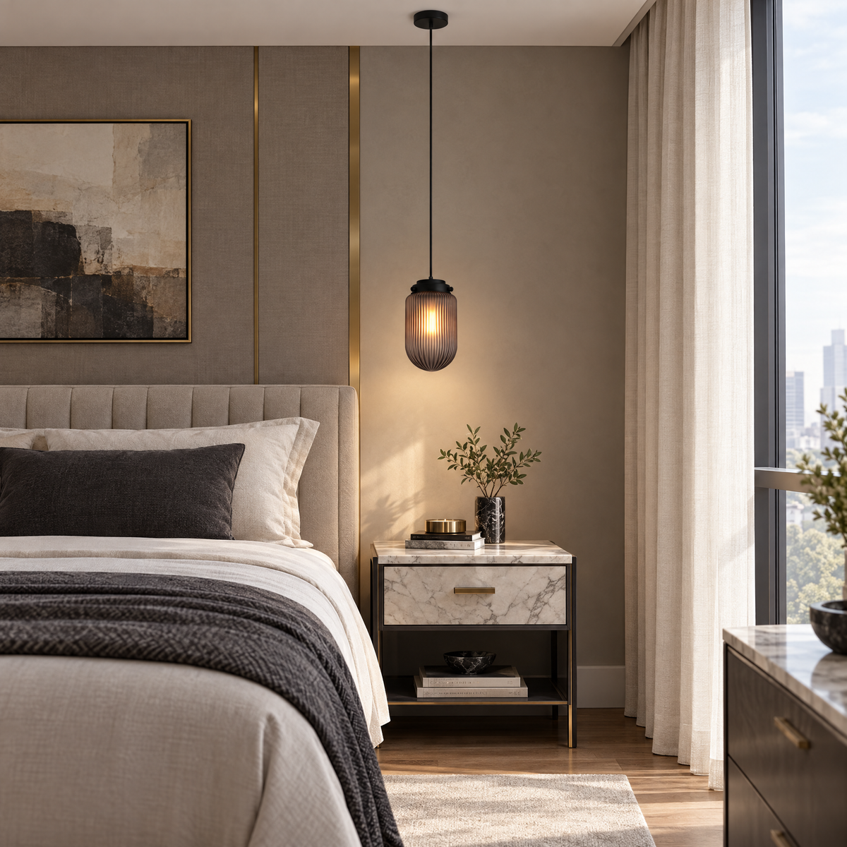 Pinecone Ribbed Glass Pendant Light, Smoke in a bedroom