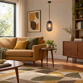 Pinecone Ribbed Glass Pendant Light, Smoke in a living room