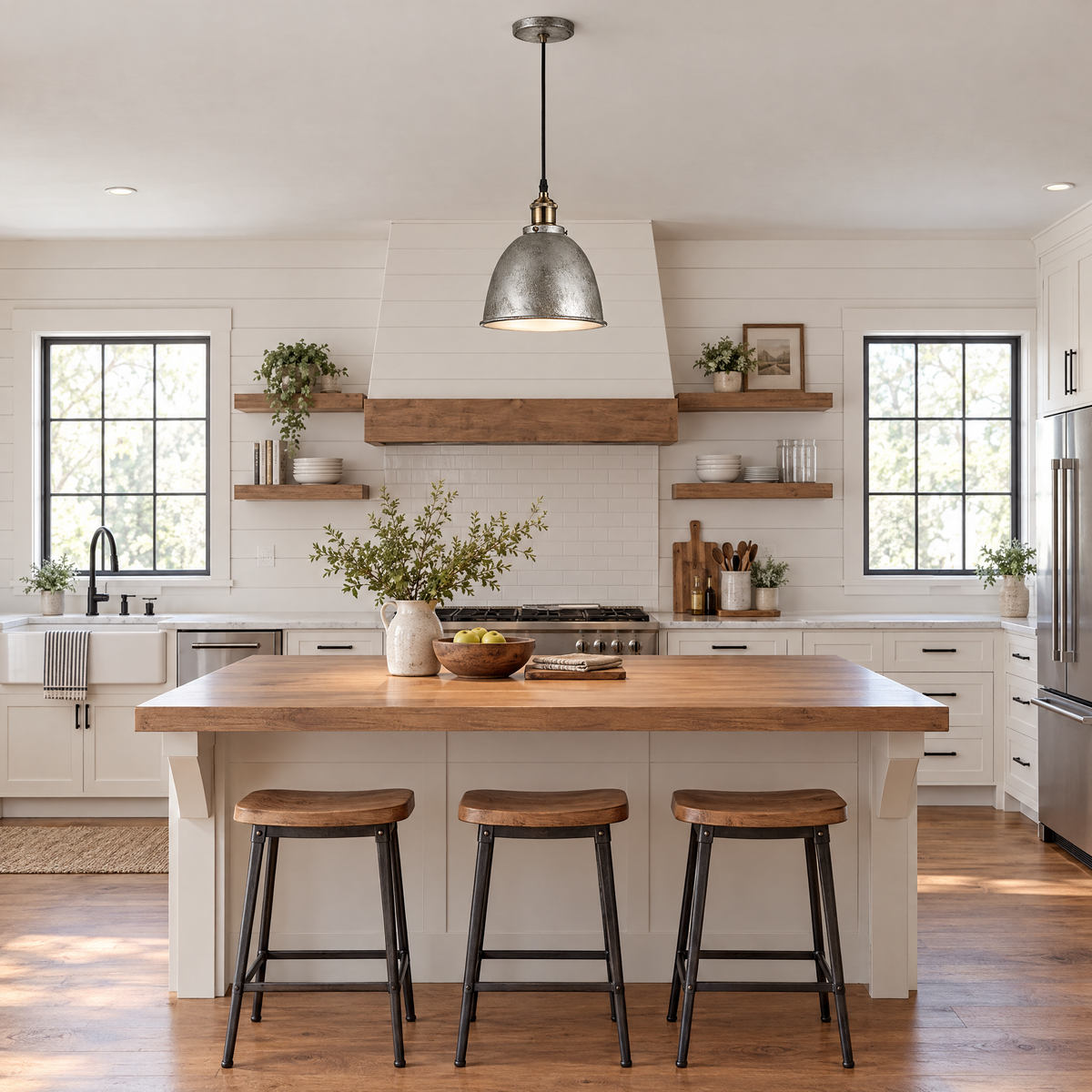 8 in. Rustic Dome Pendant Light, White Metal in a kitchen