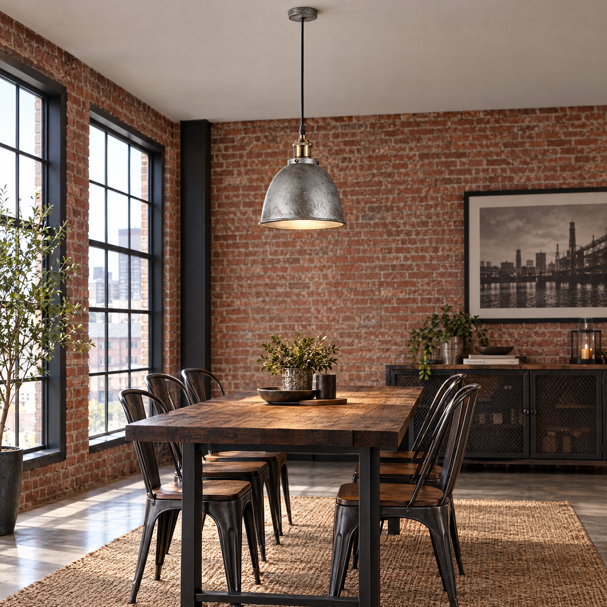 8 in. Rustic Dome Pendant Light, White Metal in a dining room