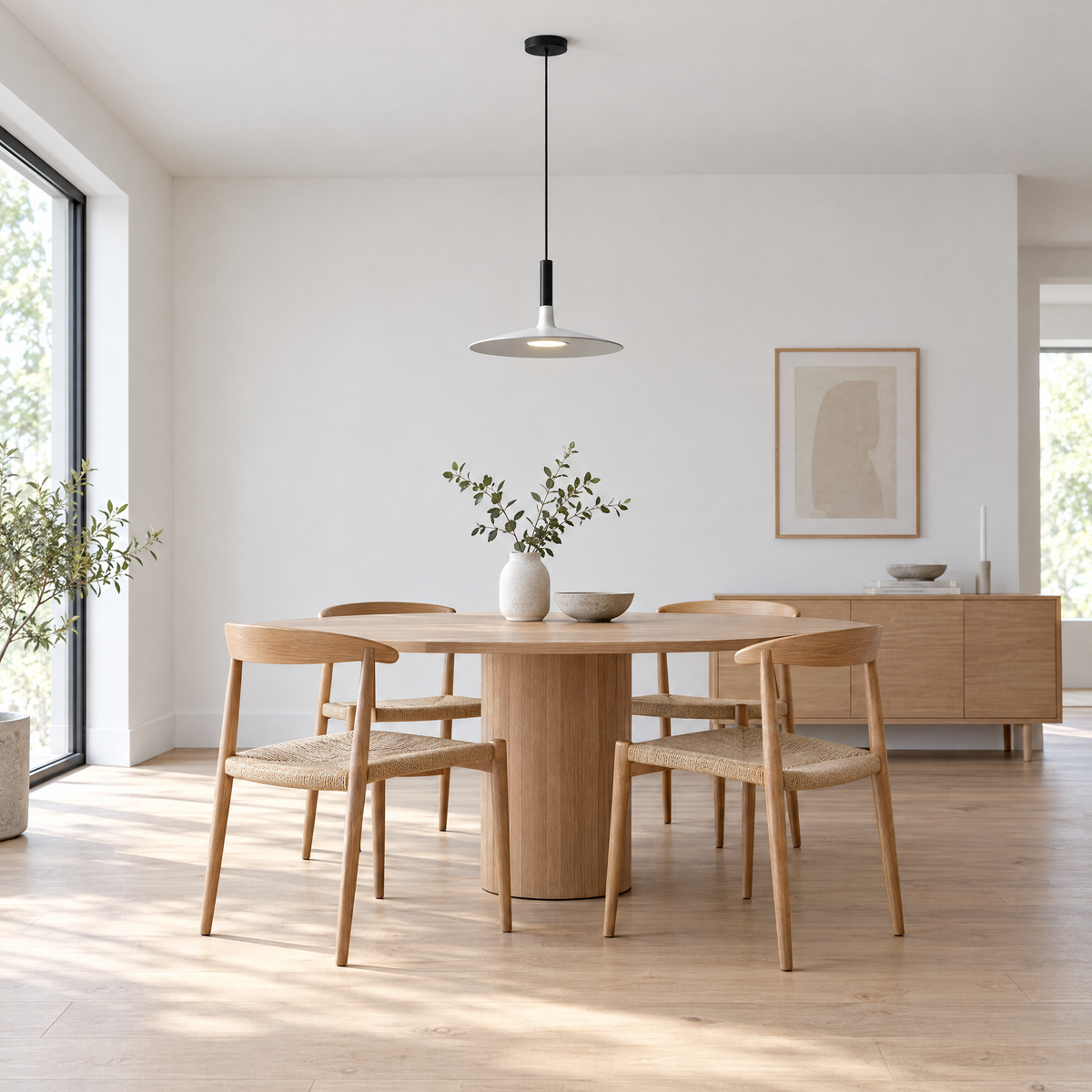 Flat Circular Pendant Light in 5 Colors - White in a dining room