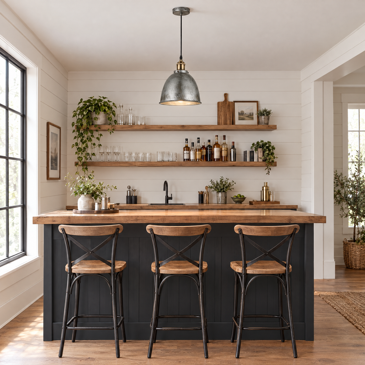8 in. Rustic Dome Pendant Light, White Metal in a home bar