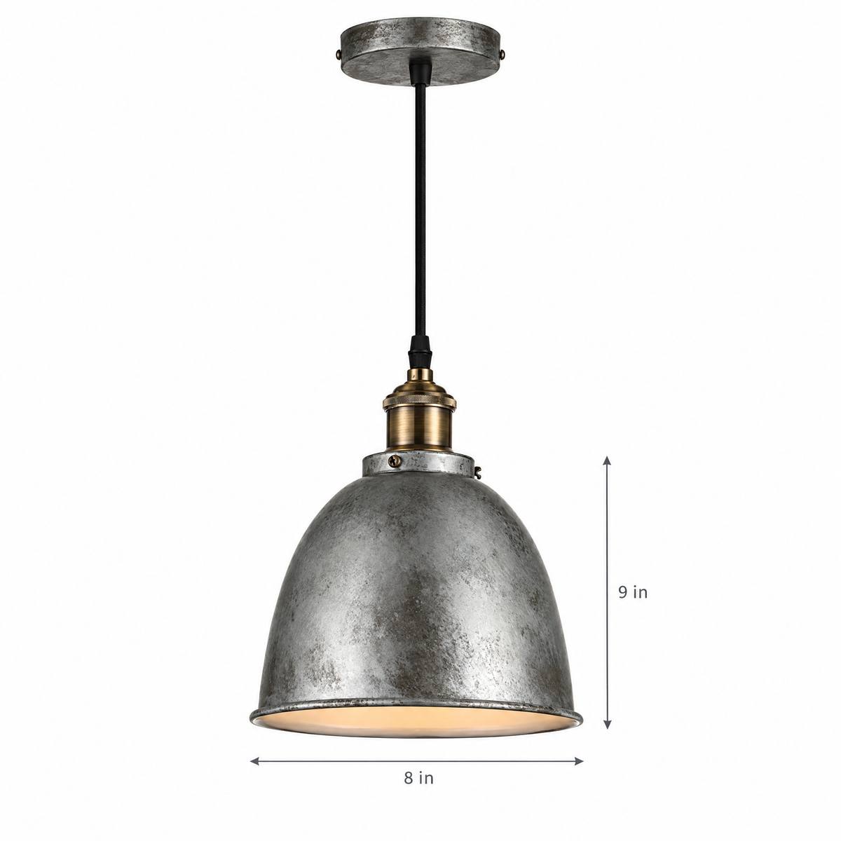 8 in. Rustic Dome Pendant Light, White Metal on white with dimensions