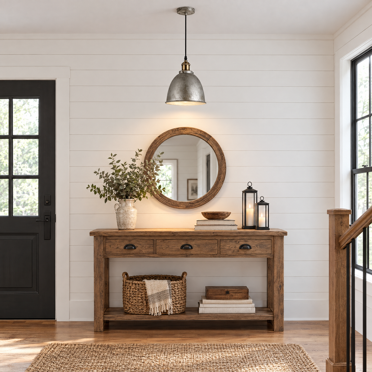 8 in. Rustic Dome Pendant Light, White Metal in an entryway