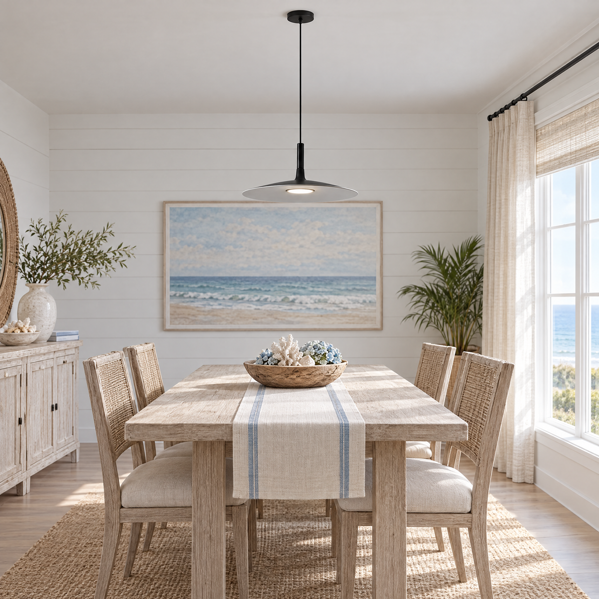 Flat Circular Pendant Light in 5 Colors - Black in a dining room