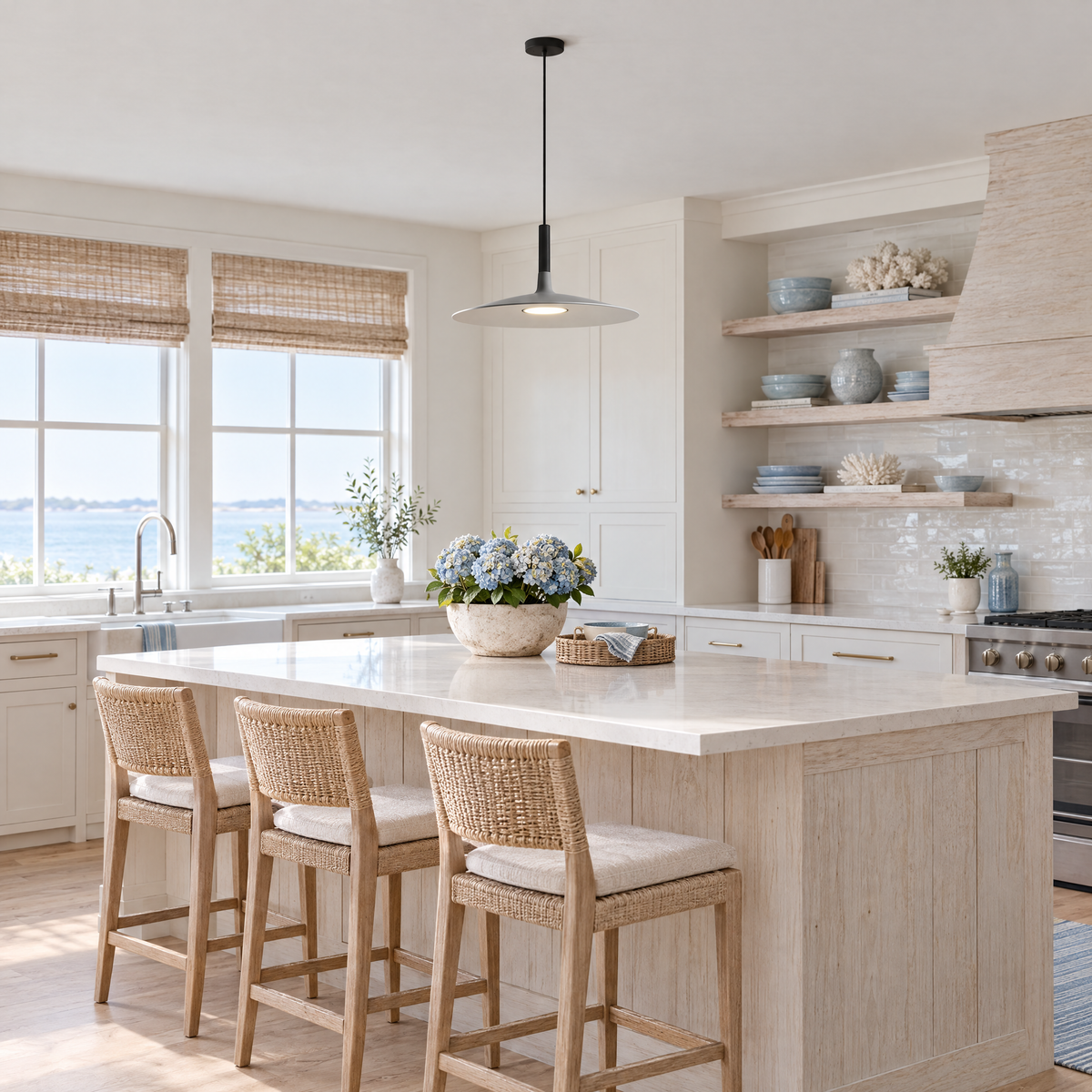 Flat Circular Pendant Light in 5 Colors - Gray in a kitchen