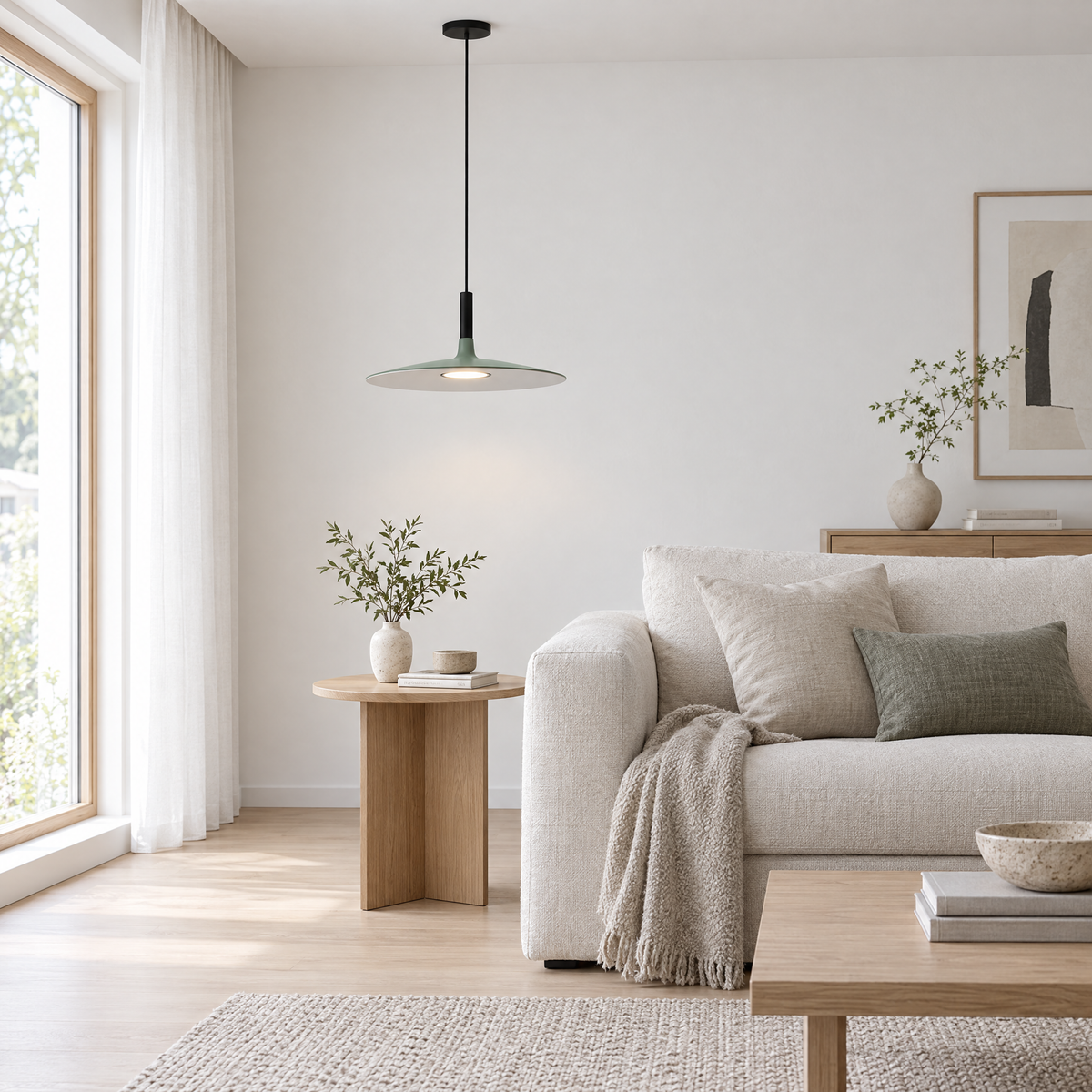 Flat Circular Pendant Light in 5 Colors - Green in a living room