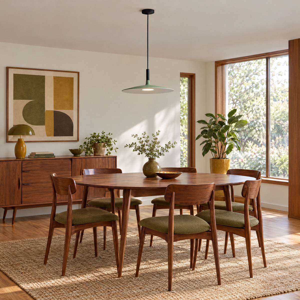 Flat Circular Pendant Light in 5 Colors - Green in a dining room