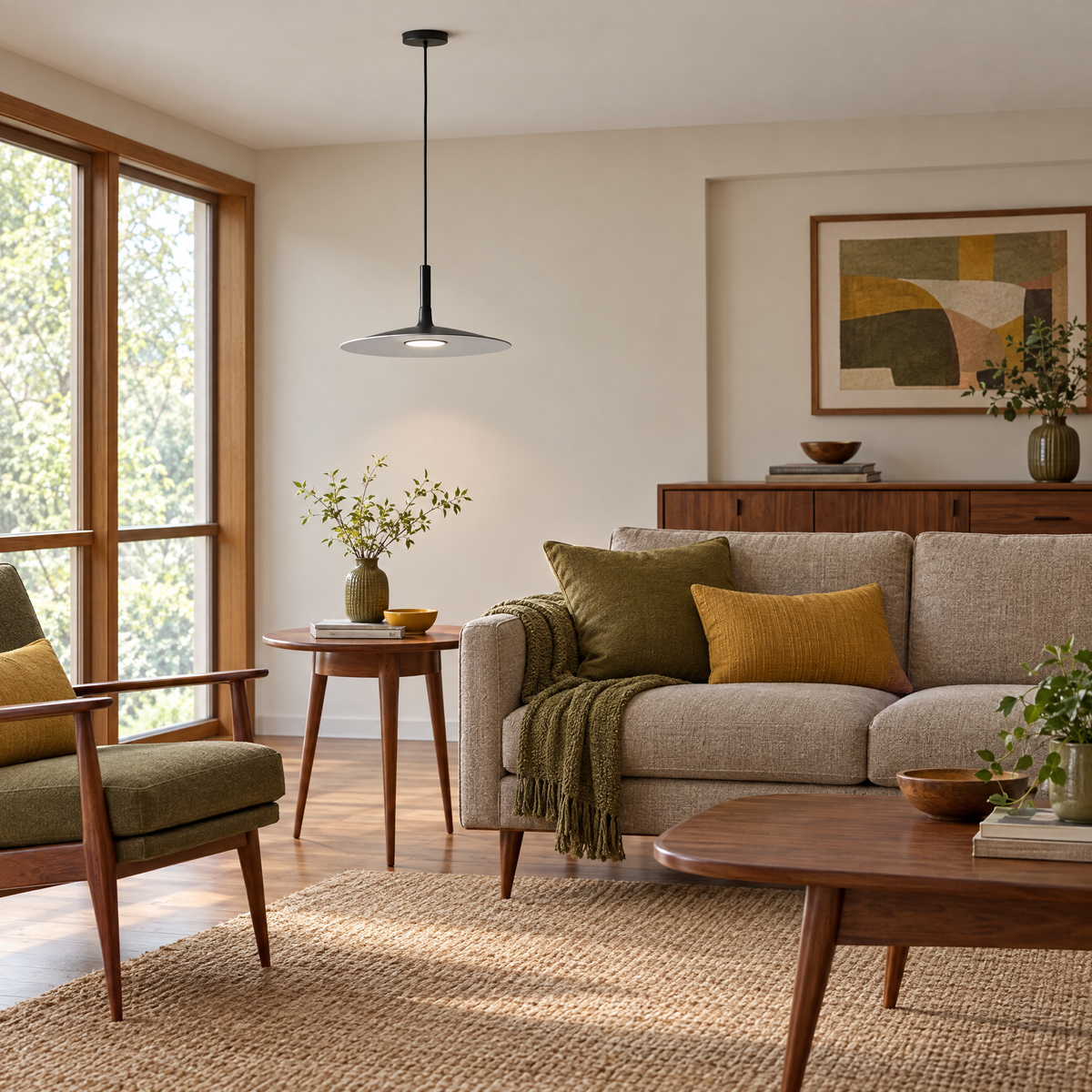 Flat Circular Pendant Light in 5 Colors - Black in a living room