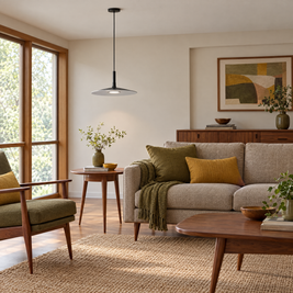 Flat Circular Pendant Light in 5 Colors - Black in a living room