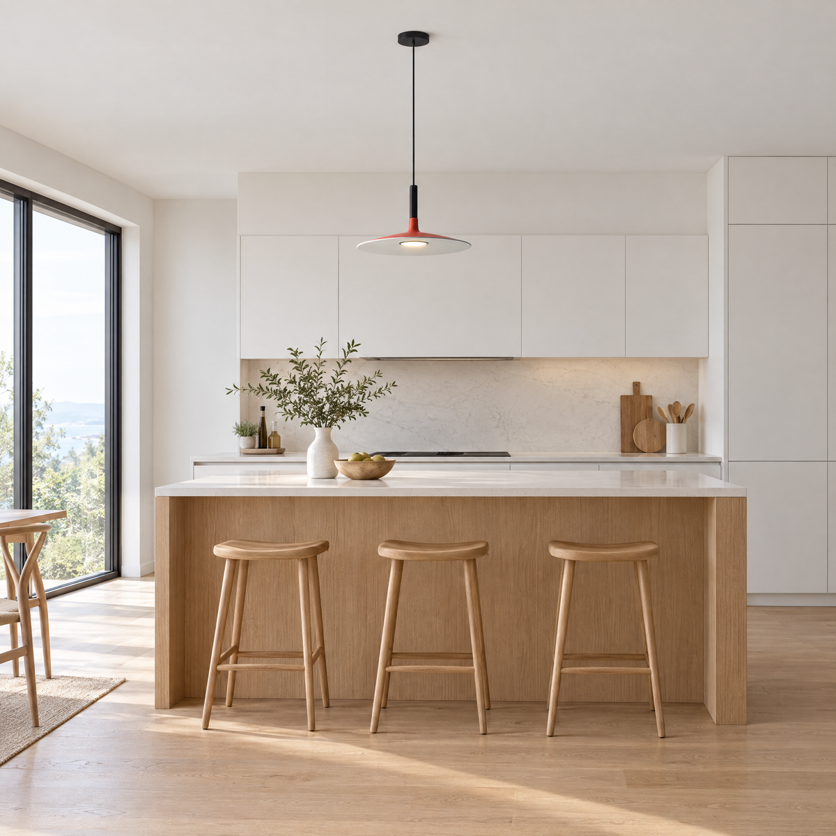 Flat Circular Pendant Light in 5 Colors - Red in a kitchen