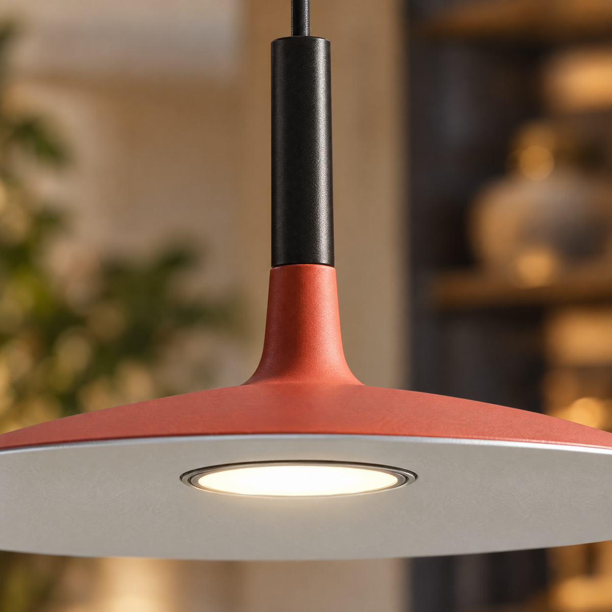 Flat Circular Pendant Light in 5 Colors - Red close-up detail
