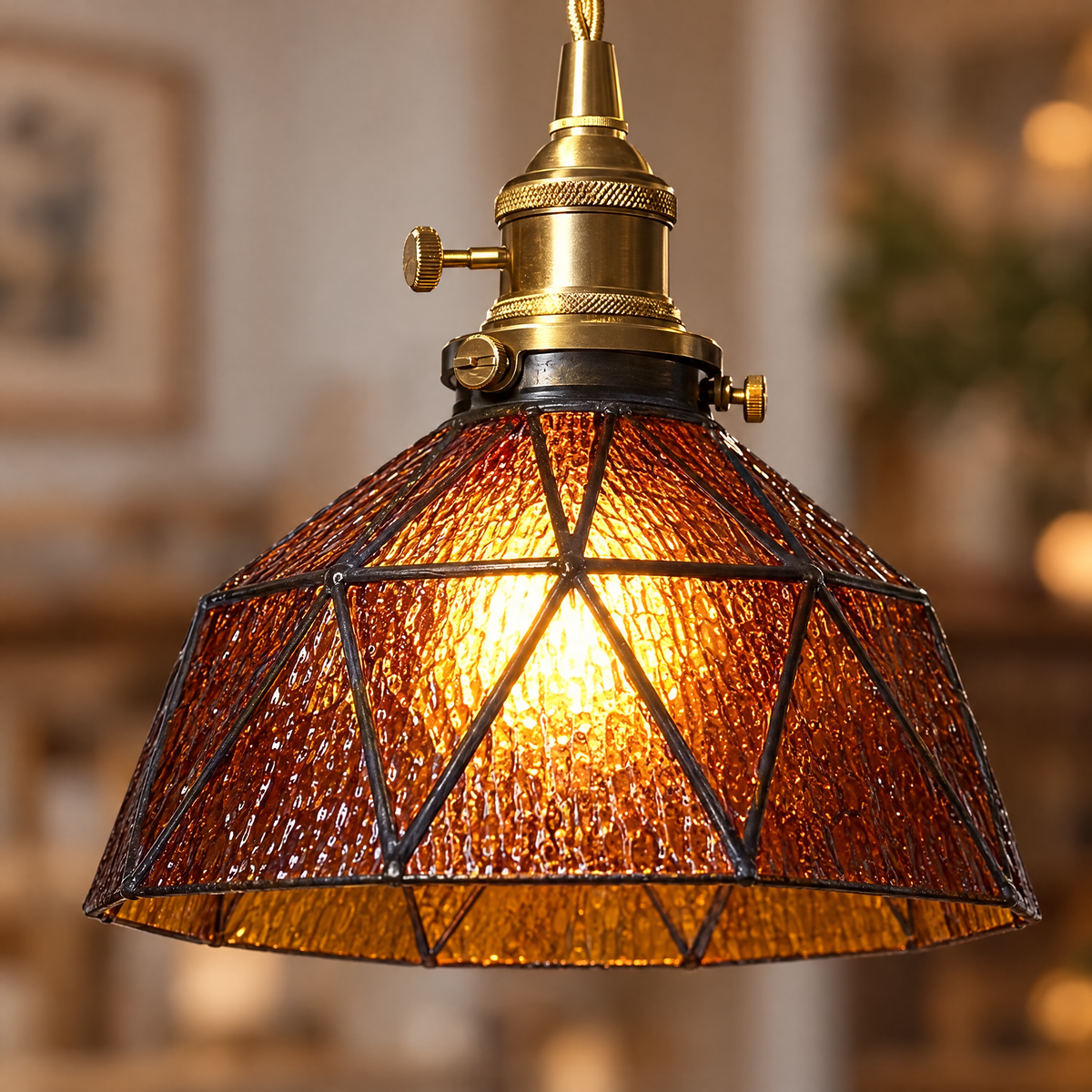Lantern Glass Pendant Light, Amber or Blue - Amber close-up detail