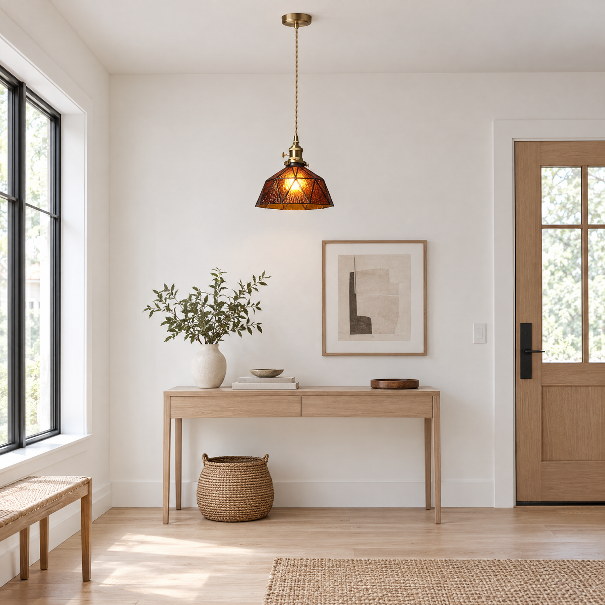 Lantern Glass Pendant Light, Amber or Blue - Amber in an entryway