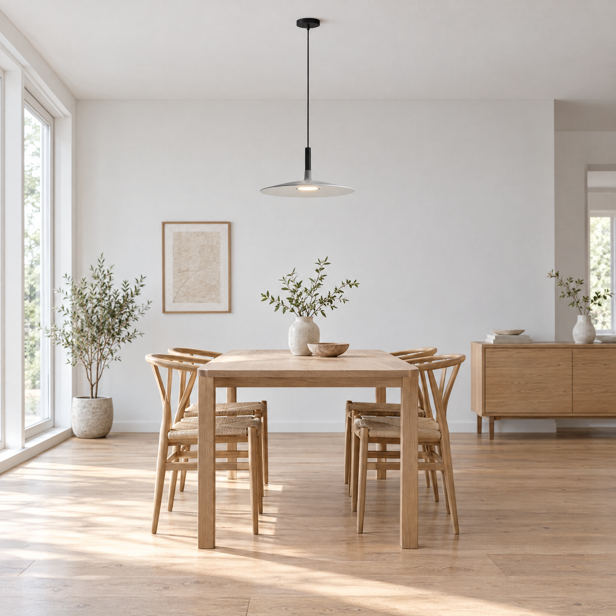 Flat Circular Pendant Light in 5 Colors - Gray in a dining room