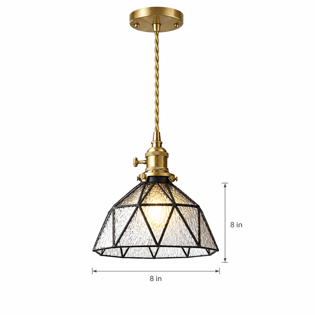 Lantern Glass Pendant Light, Amber or Blue - Transparent on white with dimensions