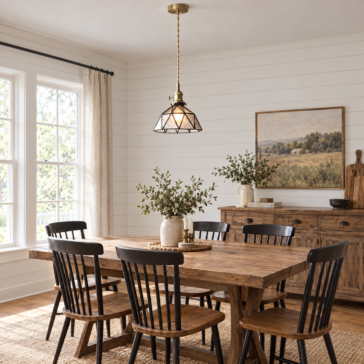 Lantern Glass Pendant Light, Amber or Blue - Transparent in a dining room