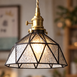 Lantern Glass Pendant Light, Amber or Blue - Transparent close-up detail