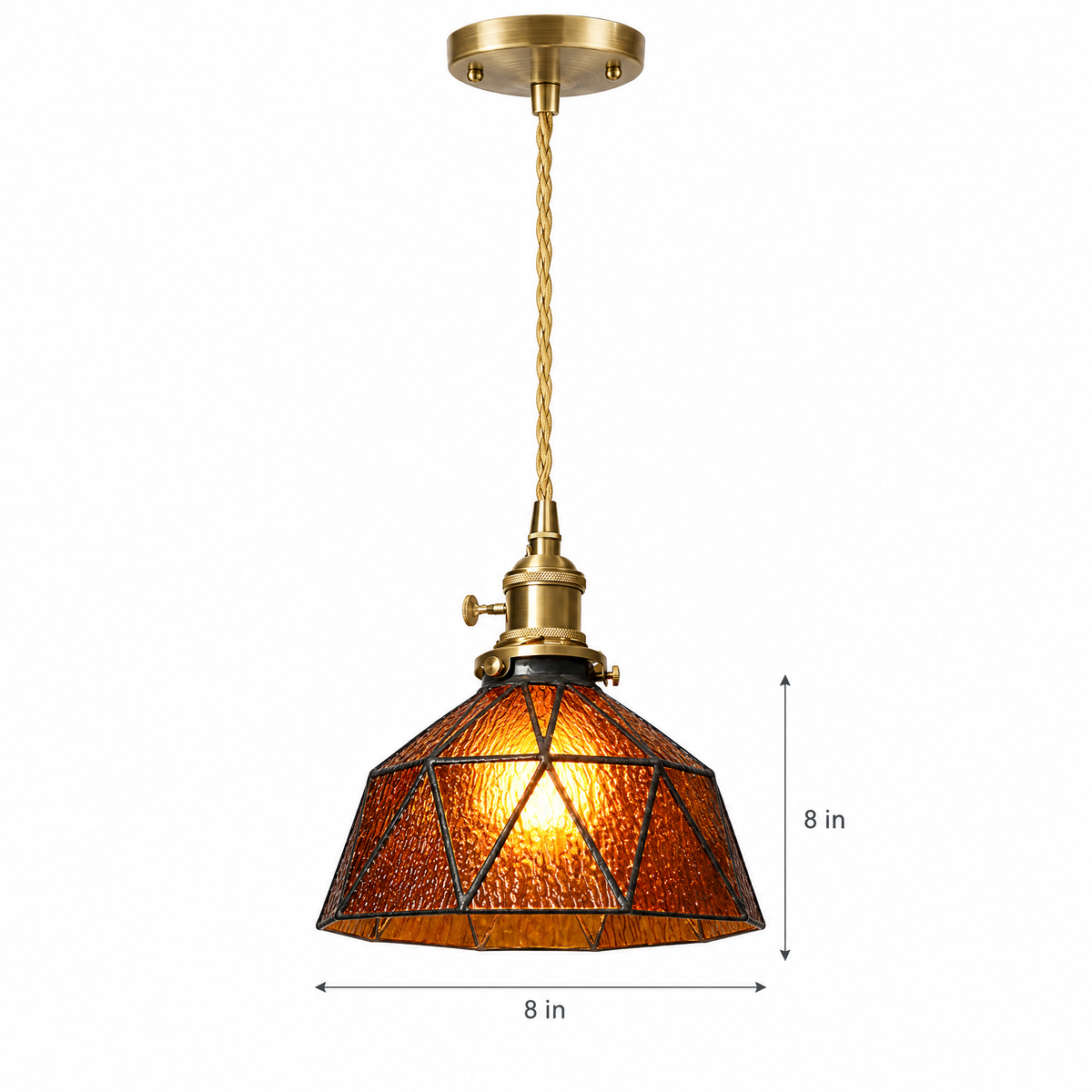Lantern Glass Pendant Light, Amber or Blue - Amber on white with dimensions