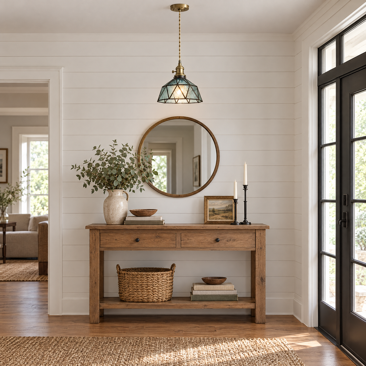 Lantern Glass Pendant Light, Amber or Blue - Blue in an entryway