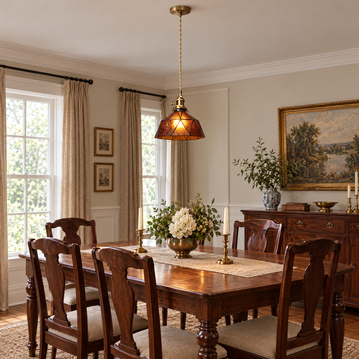 Lantern Glass Pendant Light, Amber or Blue - Amber in a dining room