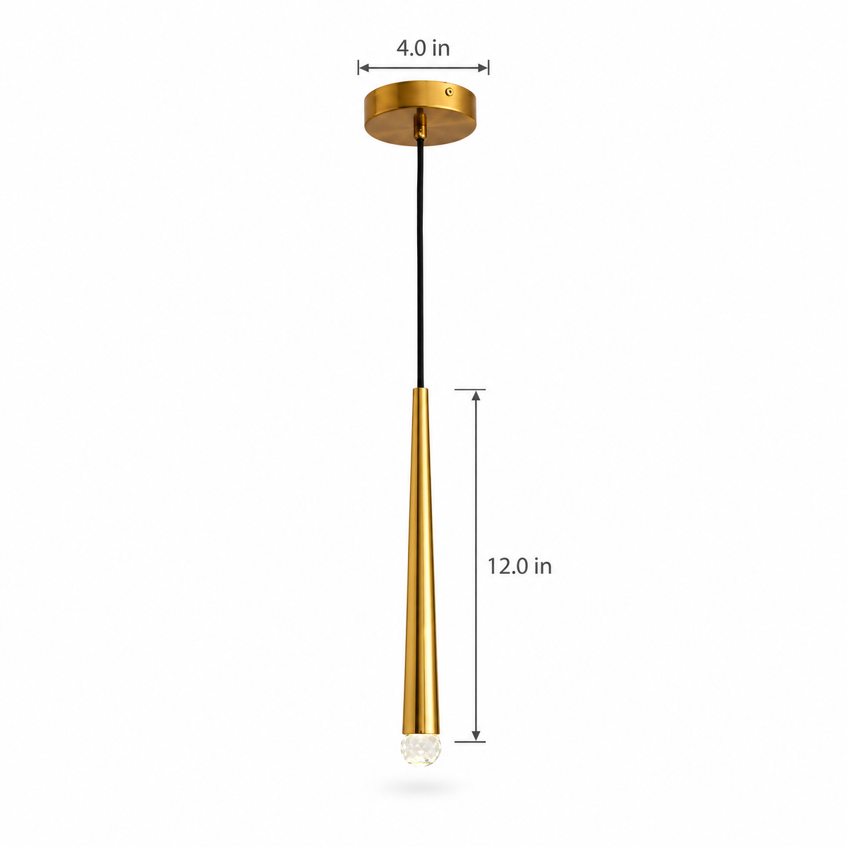 Slim Crystal Cylinder Pendant Light - Gold on white with dimensions