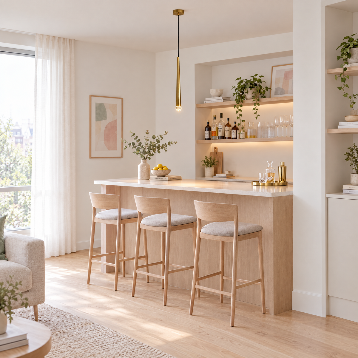 Slim Crystal Cylinder Pendant Light - Gold in a home bar