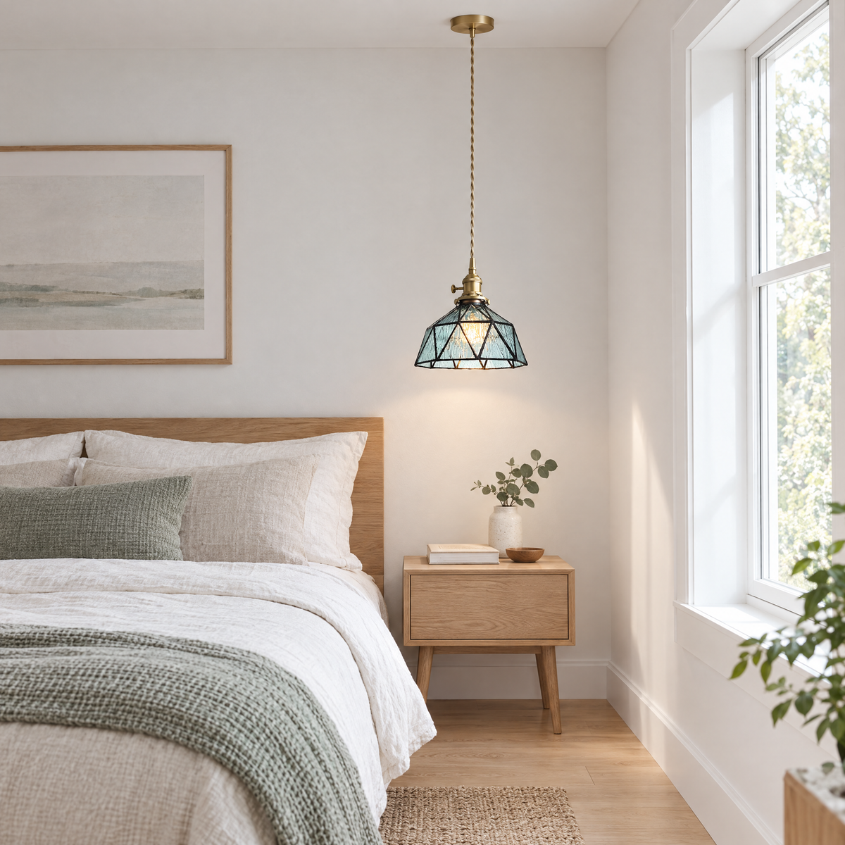 Lantern Glass Pendant Light, Amber or Blue - Blue in a bedroom