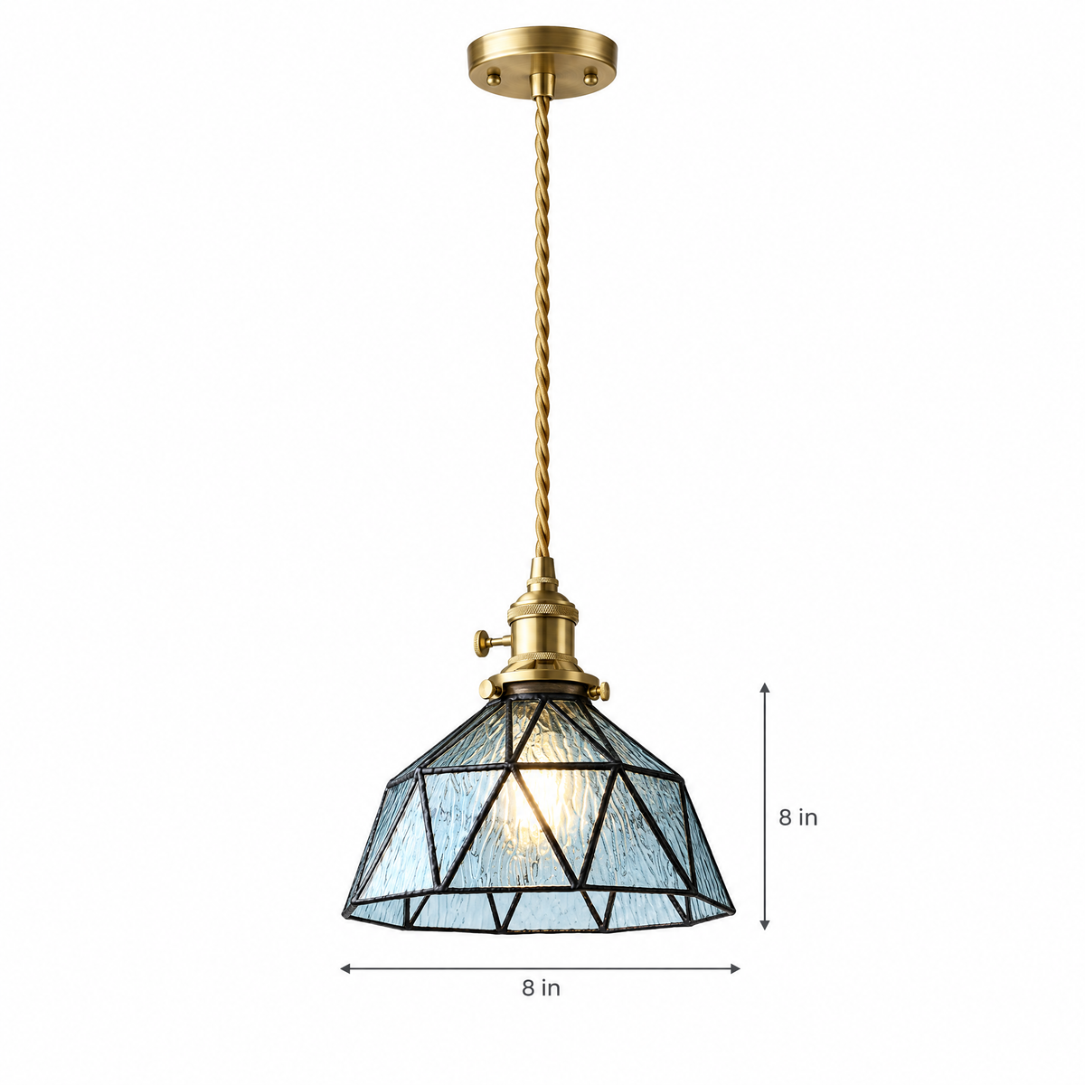 Lantern Glass Pendant Light, Amber or Blue - Blue on white with dimensions