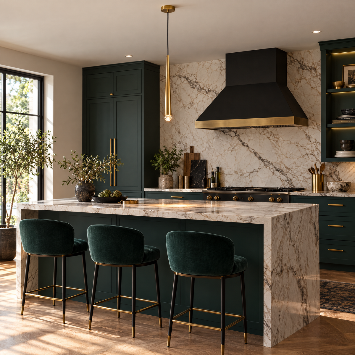Slim Crystal Cylinder Pendant Light - Gold in a kitchen