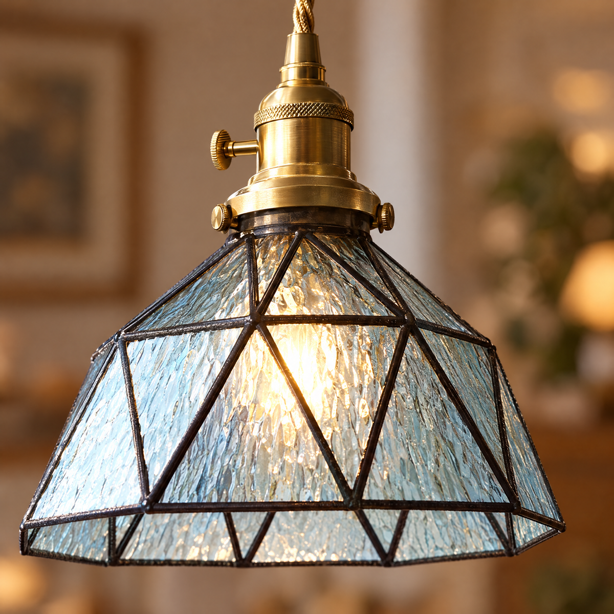 Lantern Glass Pendant Light, Amber or Blue - Blue close-up detail