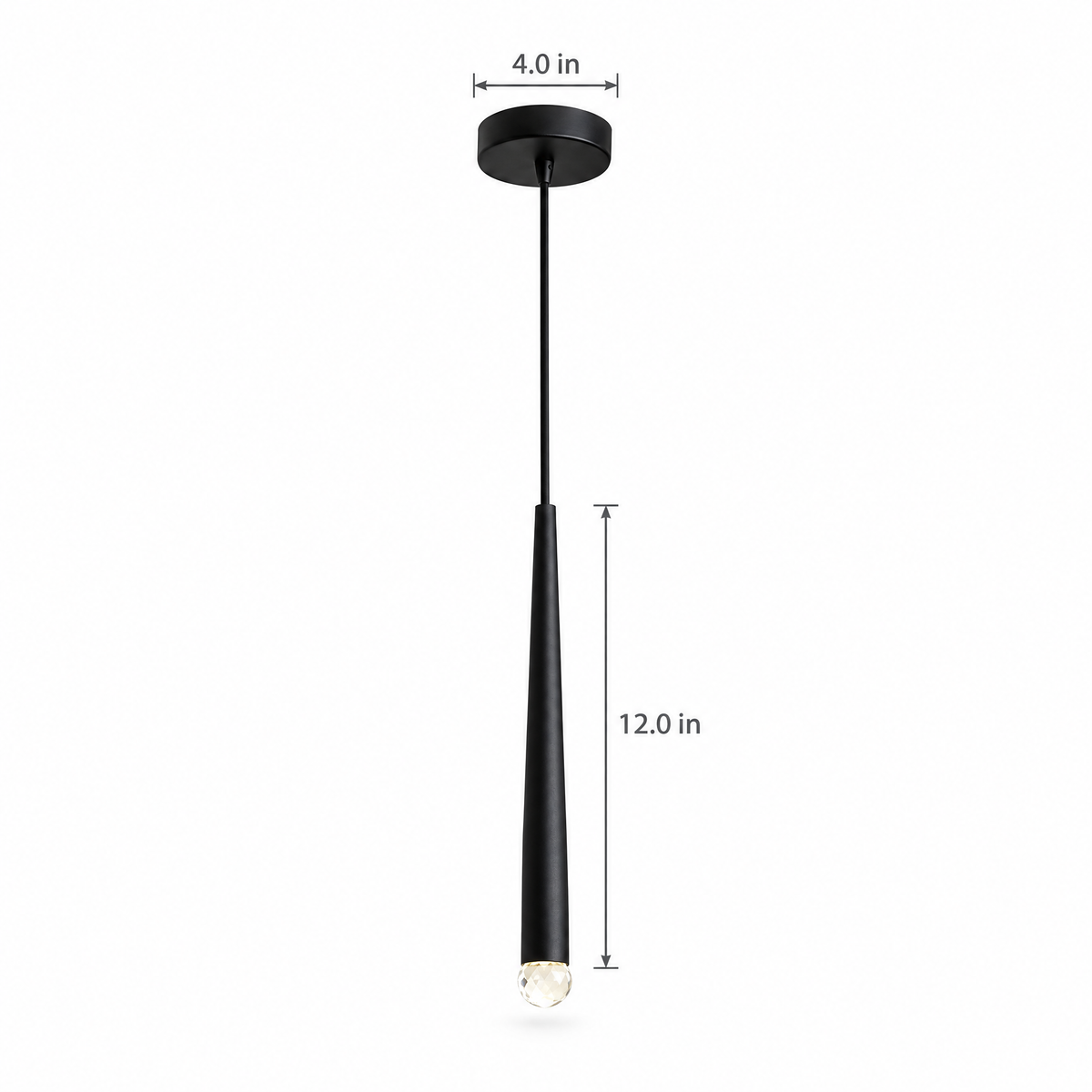 Slim Crystal Cylinder Pendant Light - Black on white with dimensions