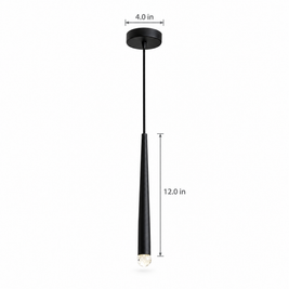 Slim Crystal Cylinder Pendant Light - Black on white with dimensions