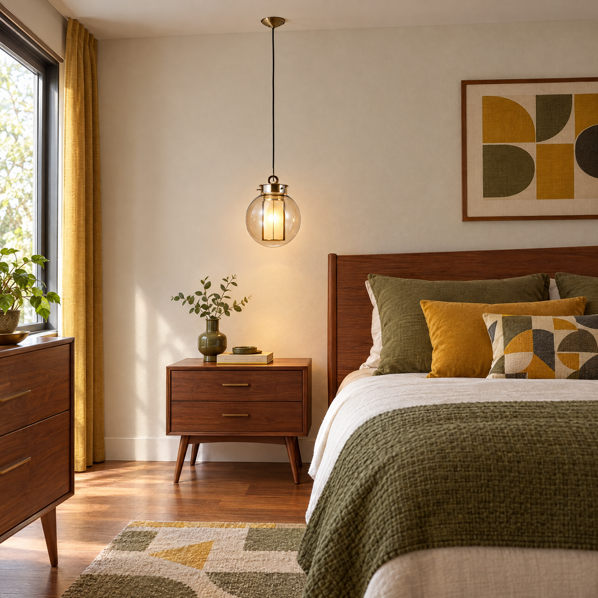 Amber Glass Pendant Light, Post-Modern in a bedroom