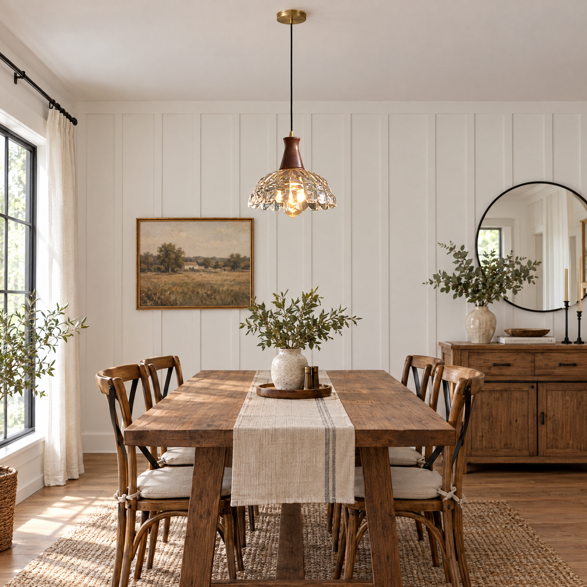 Copper Blossom Glass Pendant with Wood in a dining room
