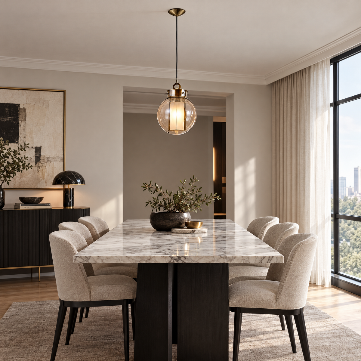 Amber Glass Pendant Light, Post-Modern in a dining room