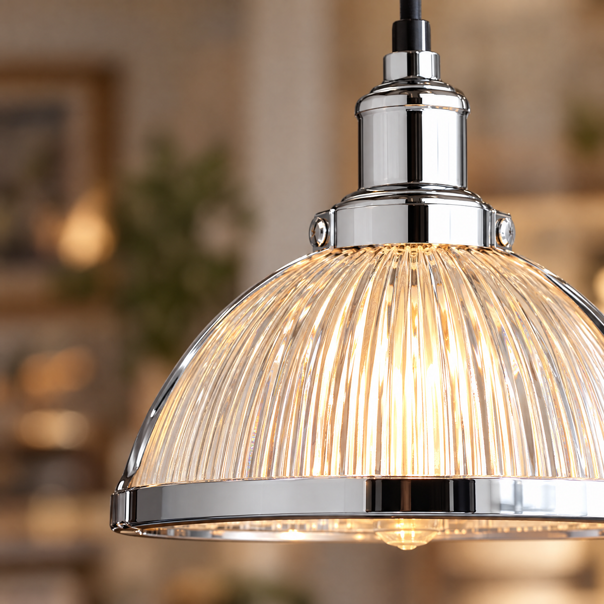 Striped Glass Pendant Light, 40W Tungsten - Chrome close-up detail