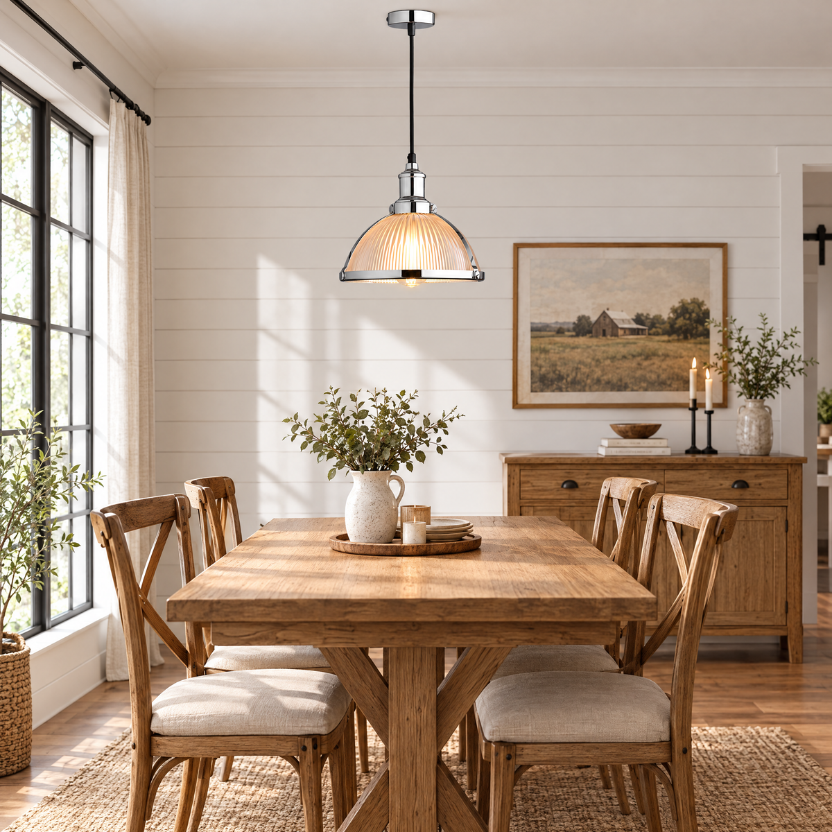 Striped Glass Pendant Light, 40W Tungsten - Chrome in a dining room