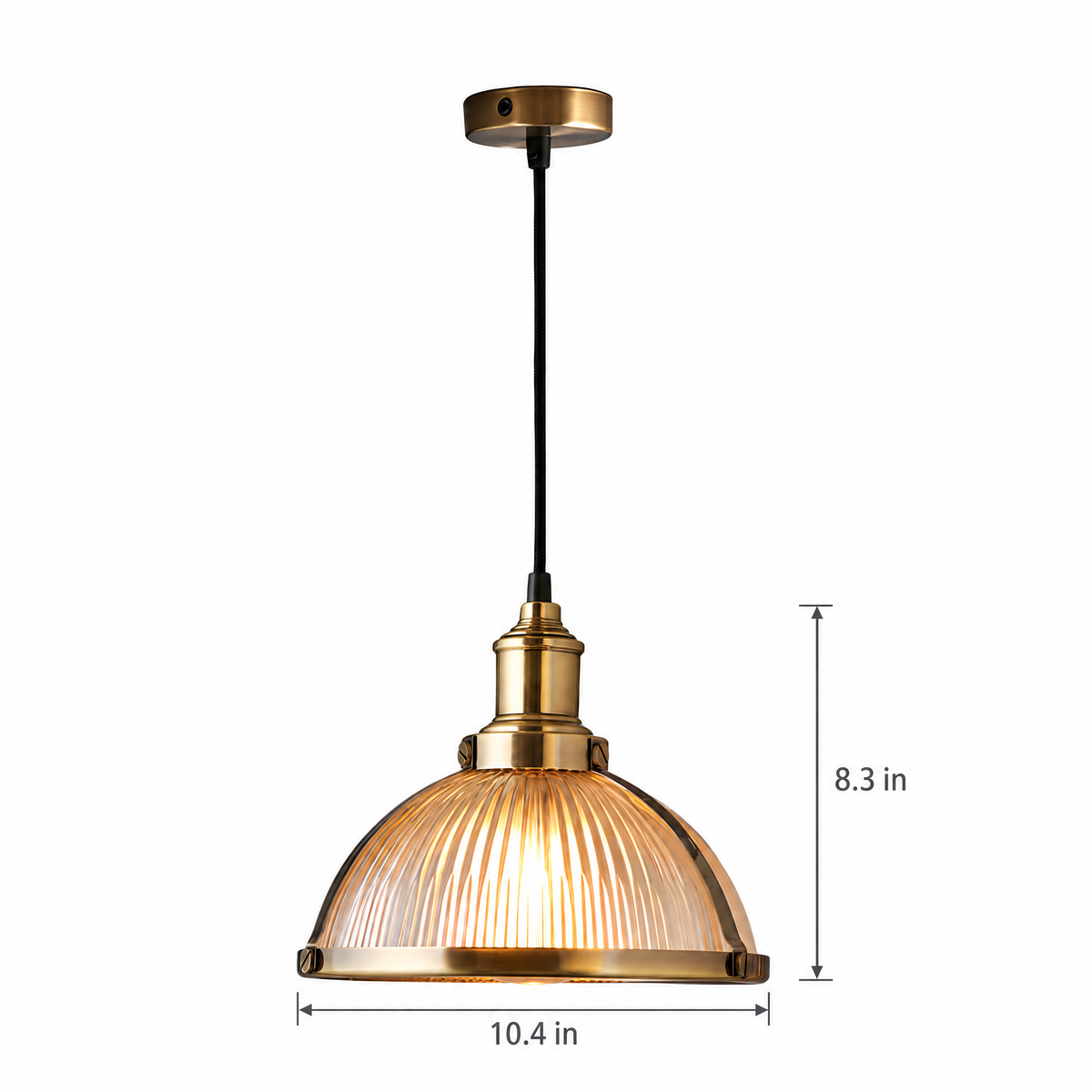 Striped Glass Pendant Light, 40W Tungsten - Bronze on white with dimensions
