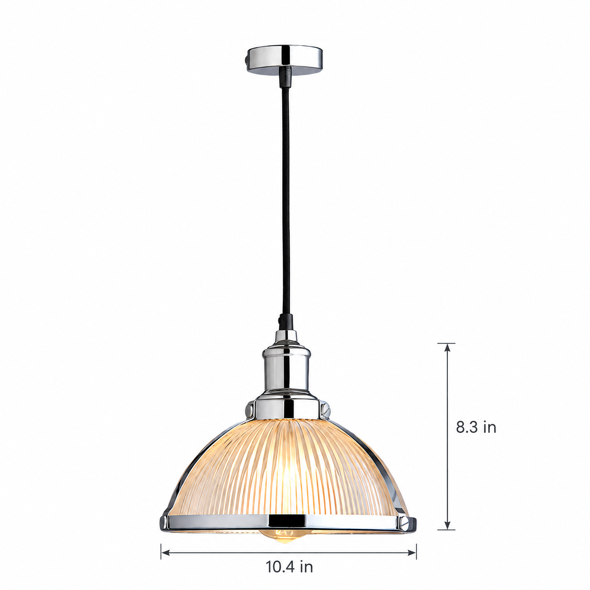 Striped Glass Pendant Light, 40W Tungsten - Chrome on white with dimensions