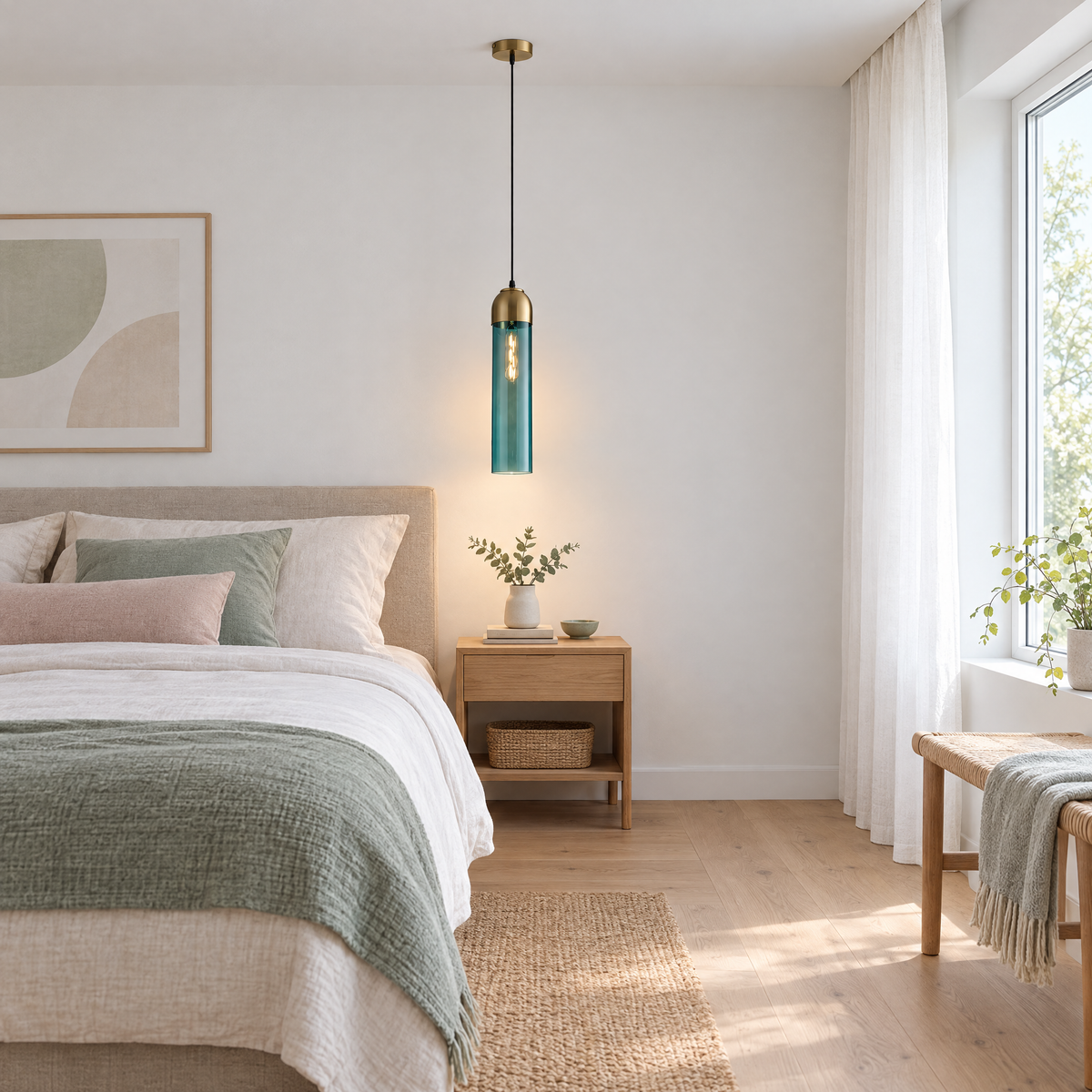 Long Tube Glass Bottle Pendant Light - Blue in a bedroom