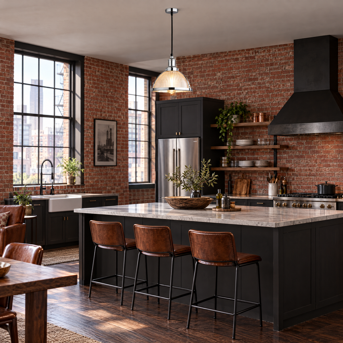 Striped Glass Pendant Light, 40W Tungsten - Chrome in a kitchen