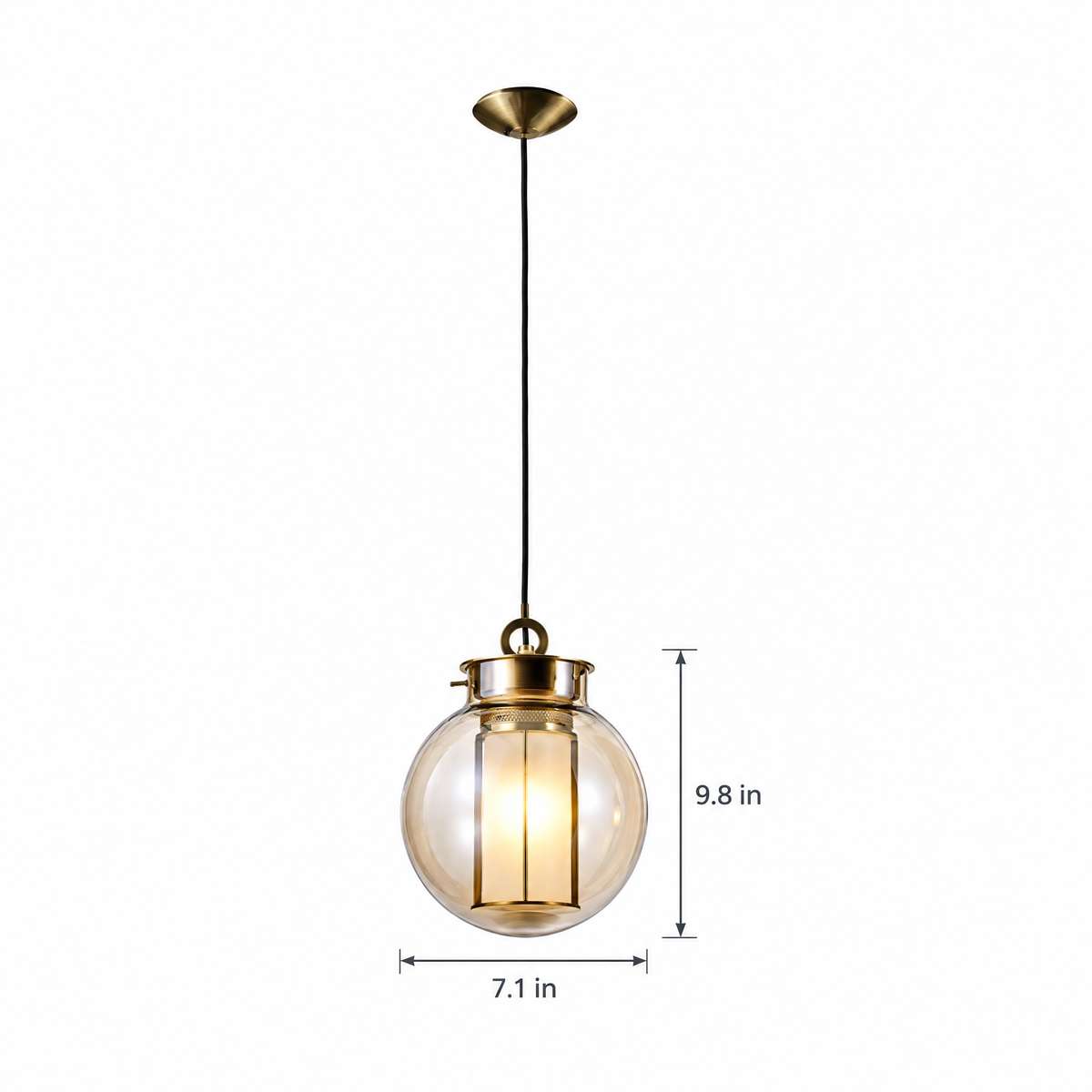 Amber Glass Pendant Light, Post-Modern on white with dimensions