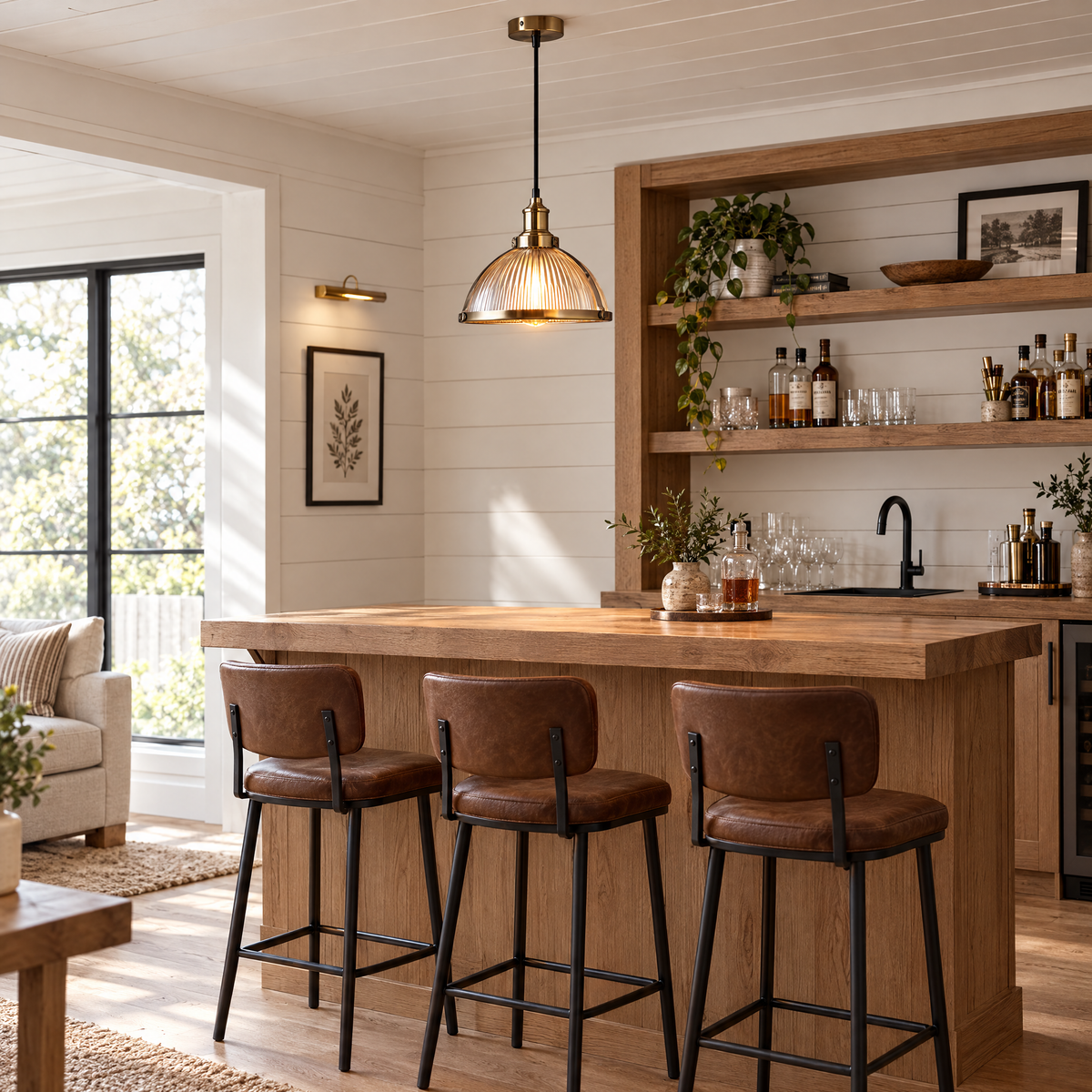 Striped Glass Pendant Light, 40W Tungsten - Bronze in a home bar