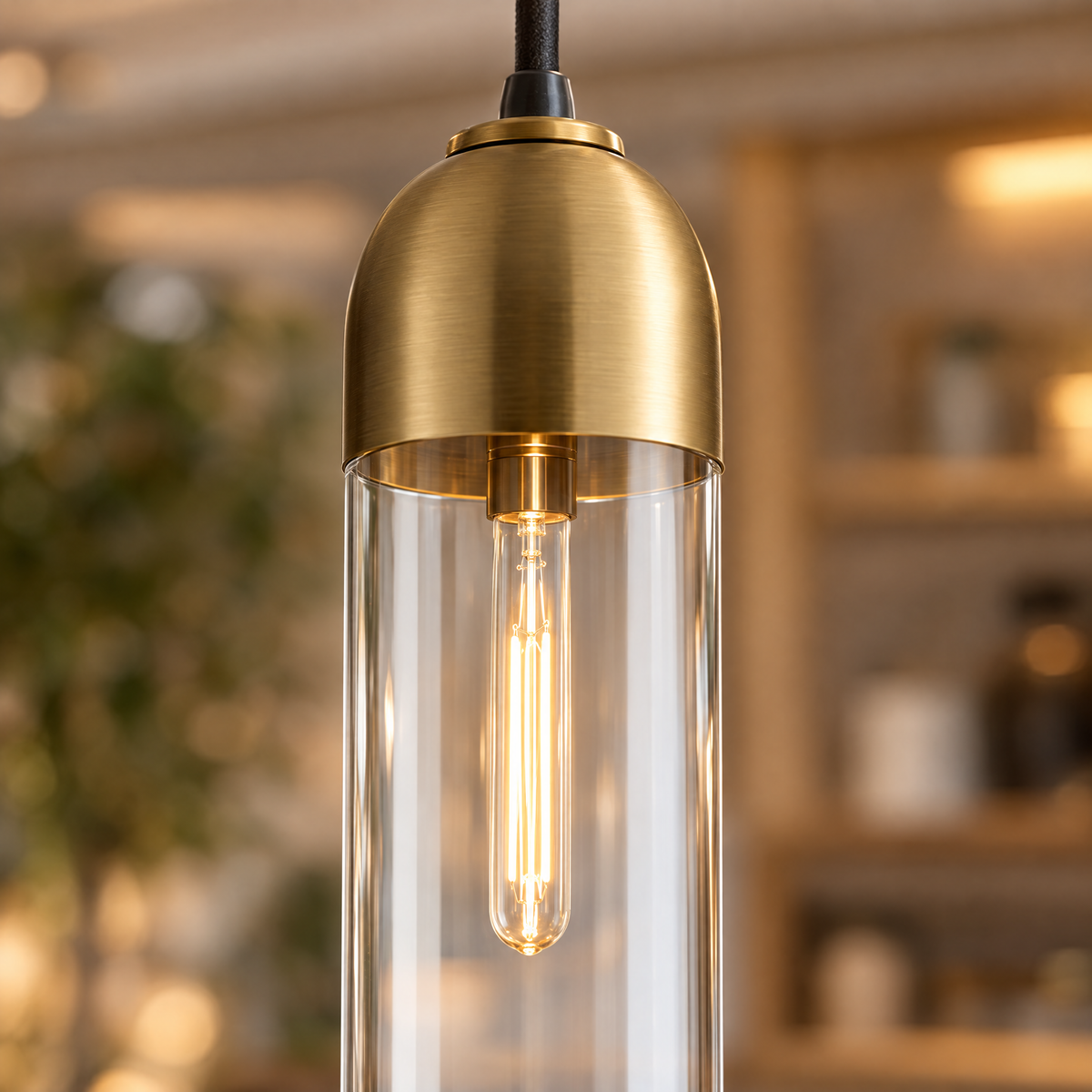 Long Tube Glass Bottle Pendant Light - Transparent close-up detail