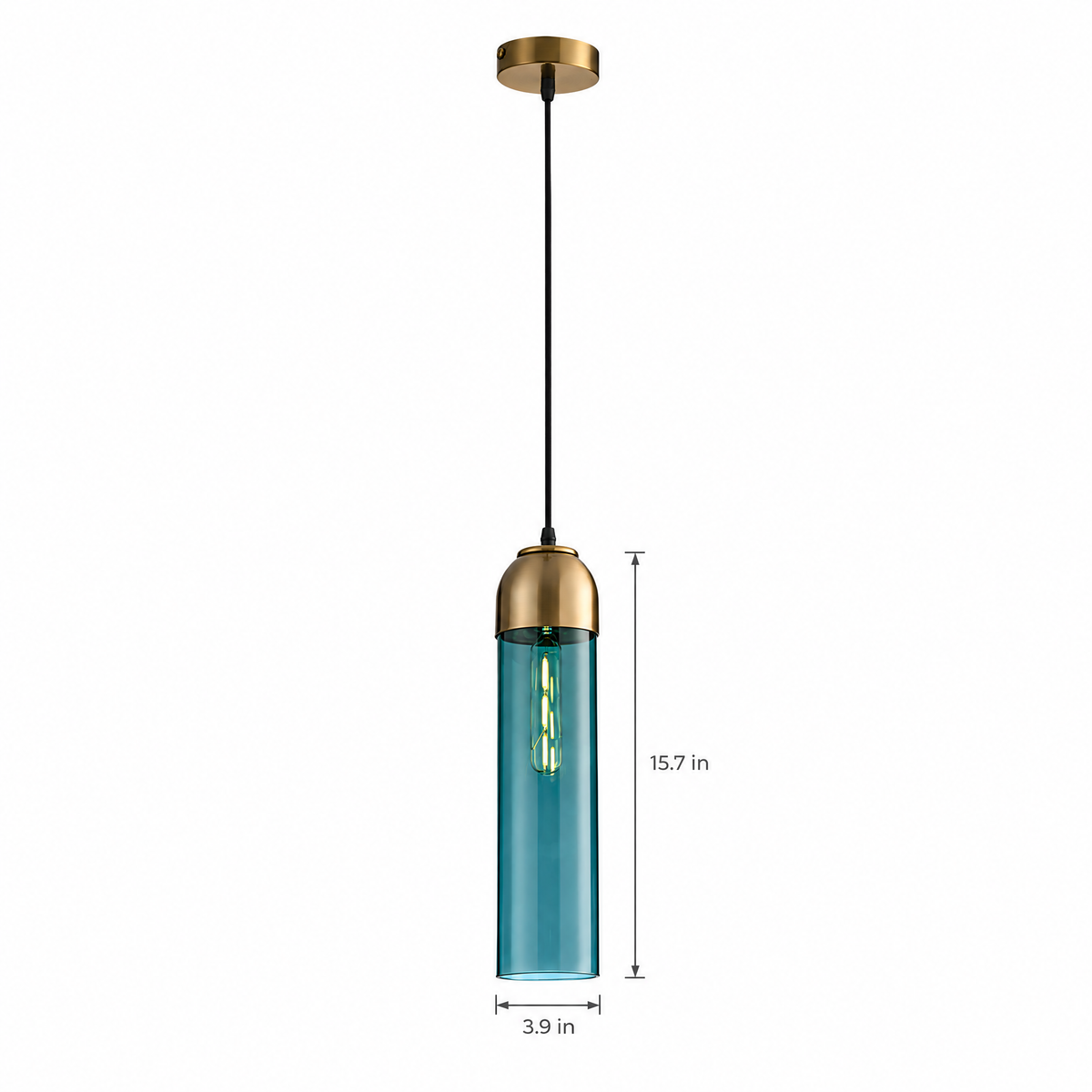 Long Tube Glass Bottle Pendant Light - Blue on white with dimensions