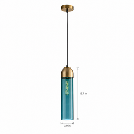 Long Tube Glass Bottle Pendant Light - Blue on white with dimensions