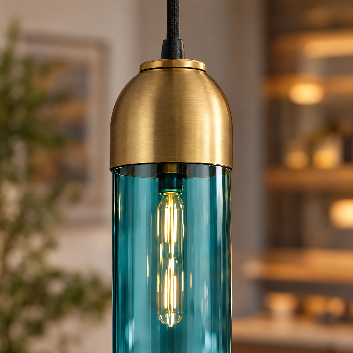 Long Tube Glass Bottle Pendant Light - Blue close-up detail