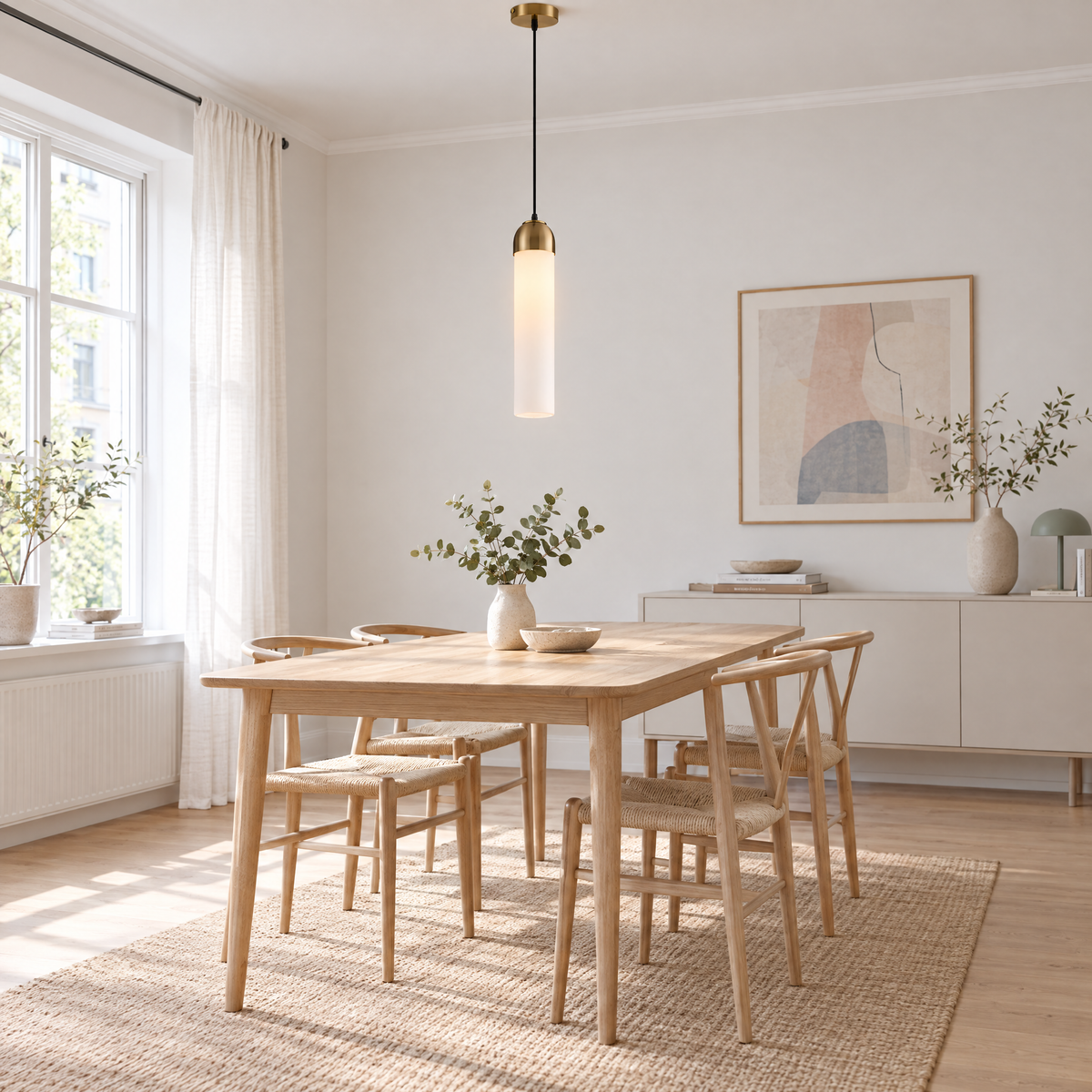 Long Tube Glass Bottle Pendant Light - White in a dining room
